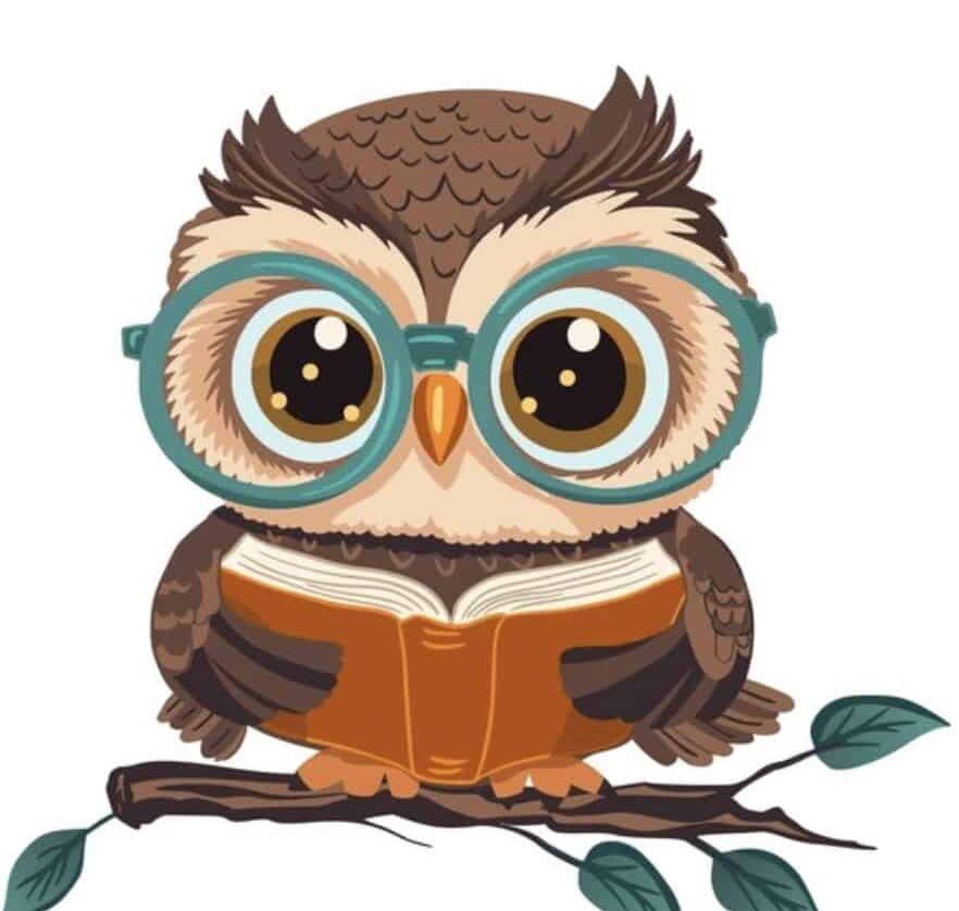 Cute owl wearing glasses reading a book, cartoon style